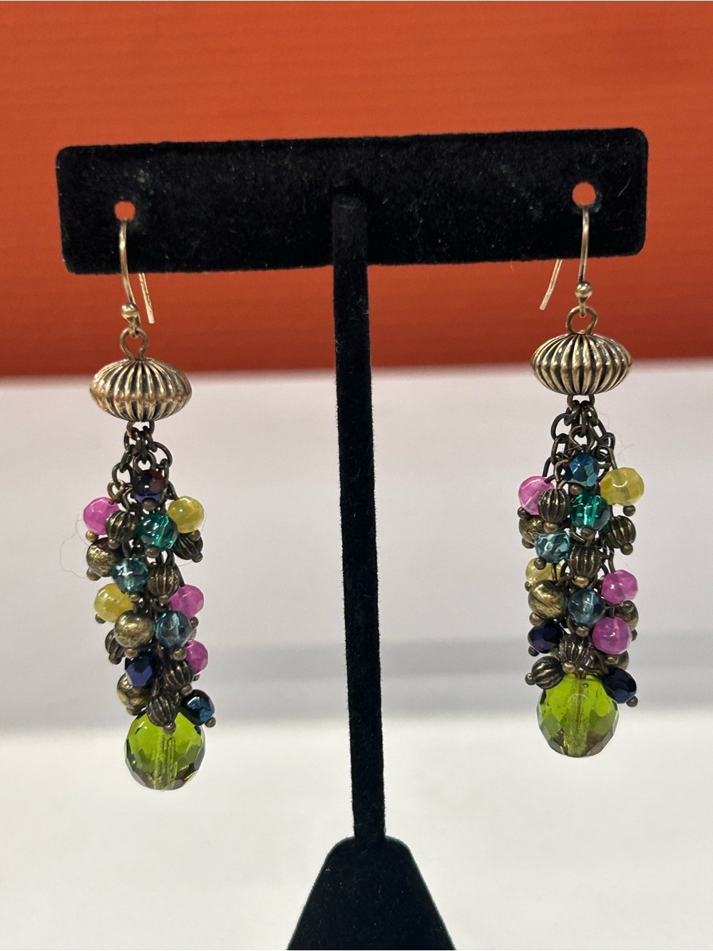 Fabulous glass bead Handmade Multicolor Cluster Drop Earrings - Gold Tone